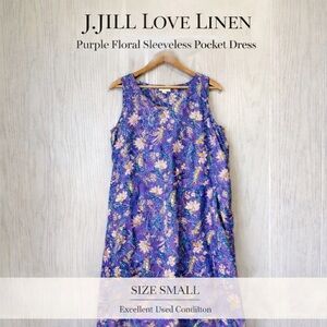 J.Jill Love Linen Purple Floral Sleeveless Pocket Dress Small